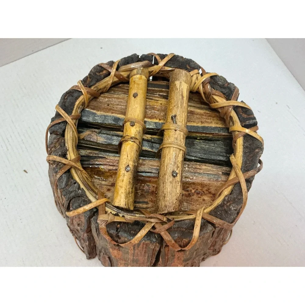 Vintage Bark Wood Basket Rustic Round Planter Brown Cabin Decor 8.5in